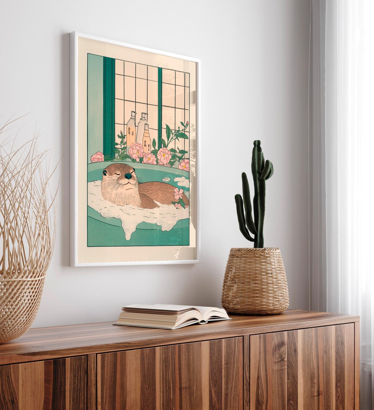 Funny otter art print, Japanese bathroom print, Aesthetic relaxation art, Japandi poster, Aesthetic minimalism artwork, Neutral wall art