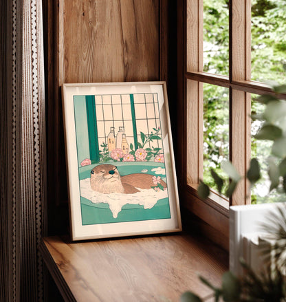 Funny otter art print, Japanese bathroom print, Aesthetic relaxation art, Japandi poster, Aesthetic minimalism artwork, Neutral wall art