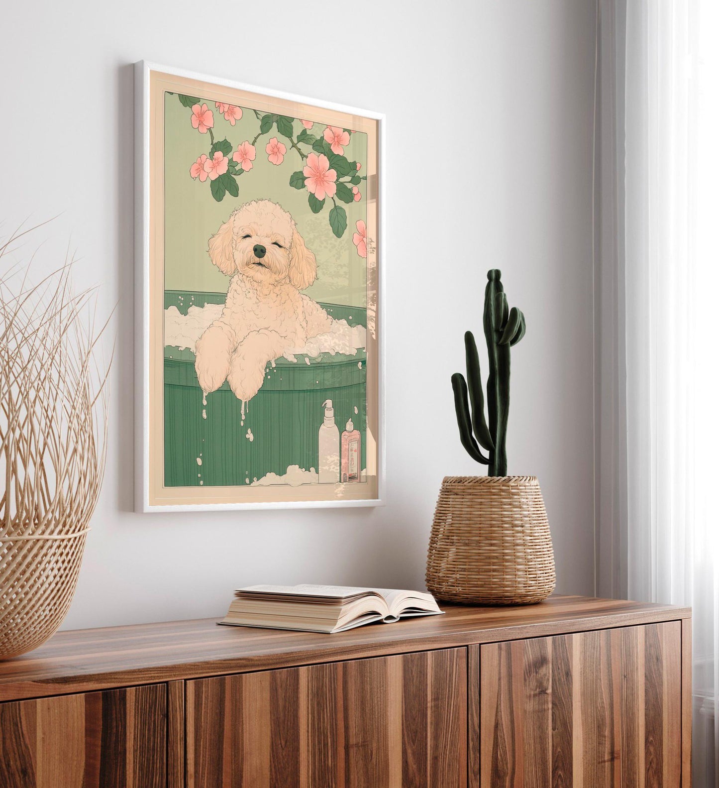 Toy Poodle in Bathtub Art Print: Japanese Ukiyo-e Illustration