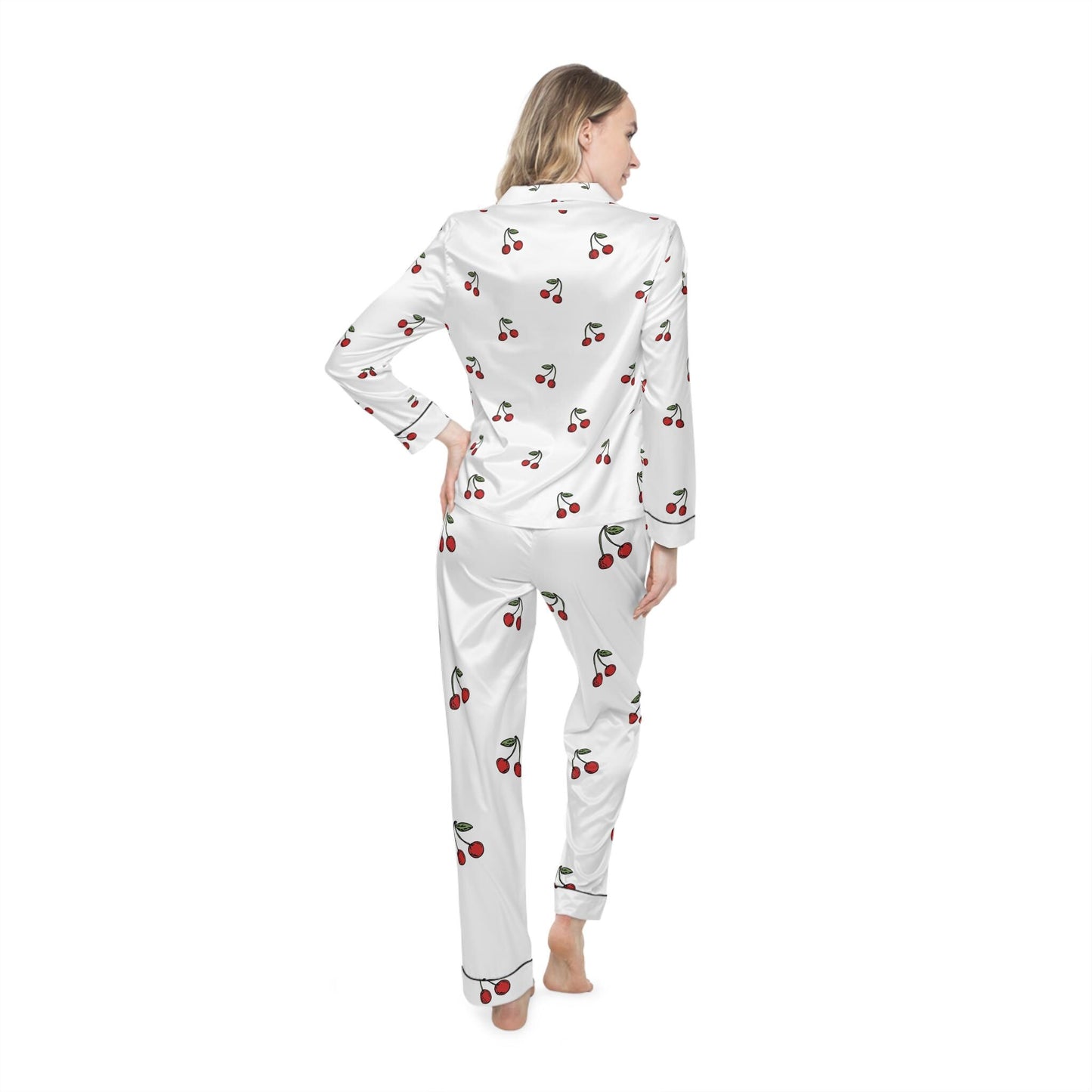 Sleep soundly with these Satin Cherry Pajamas, Cute Cherry Print Pajama Set, Soft Satin Sleepwear, Cherry Patterned Loungewear, Gift for Her