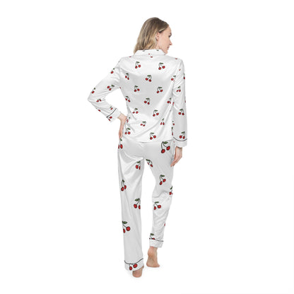 Sleep soundly with these Satin Cherry Pajamas, Cute Cherry Print Pajama Set, Soft Satin Sleepwear, Cherry Patterned Loungewear, Gift for Her
