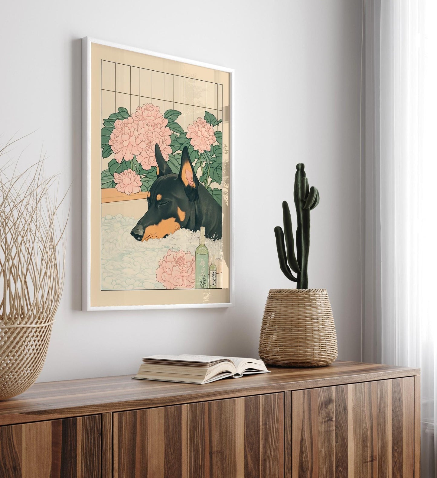 Japanese Doberman Bathroom Print: Ukiyo-e Style Dog Art