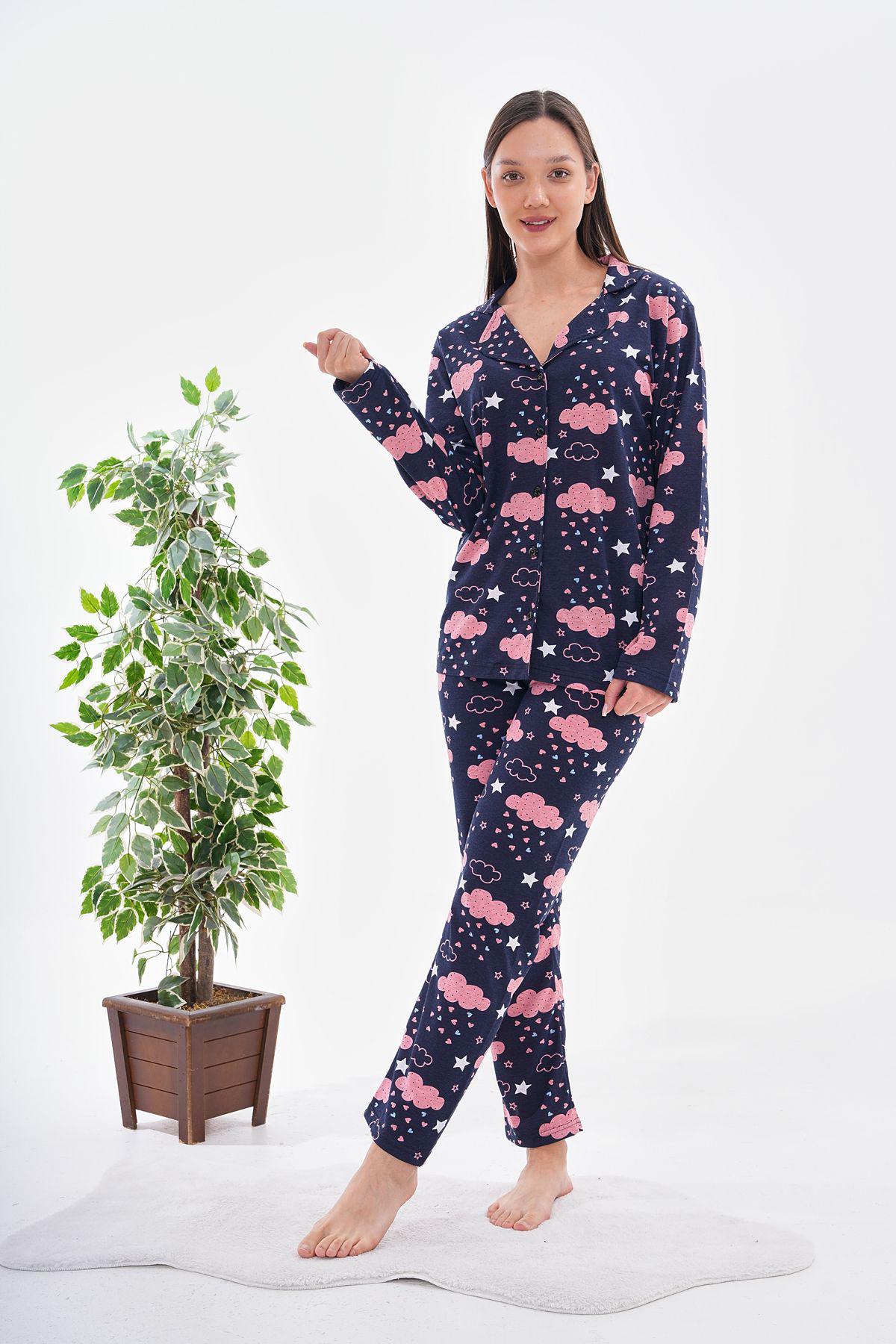 Women's Pink Cloud Pajama Set – Cozy Button-Up Sleepwear with Star & Heart Print, Comfortable Loungewear for Relaxing Nights - Pajama Set