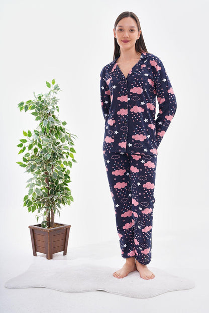 Women's Pink Cloud Pajama Set – Cozy Button-Up Sleepwear with Star & Heart Print, Comfortable Loungewear for Relaxing Nights - Pajama Set