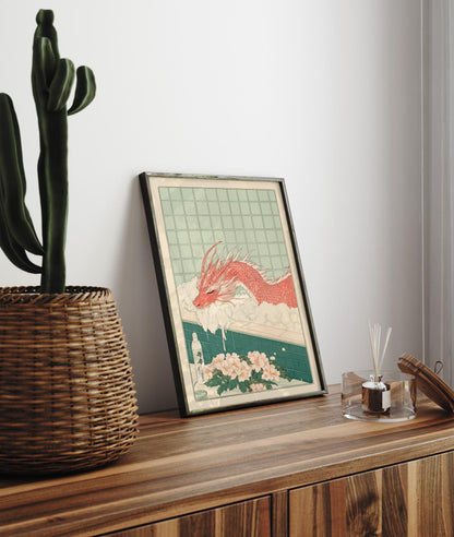 Red Dragon Bath Print: Ukiyo-e Japanese Art, Japandi Bathroom Decor