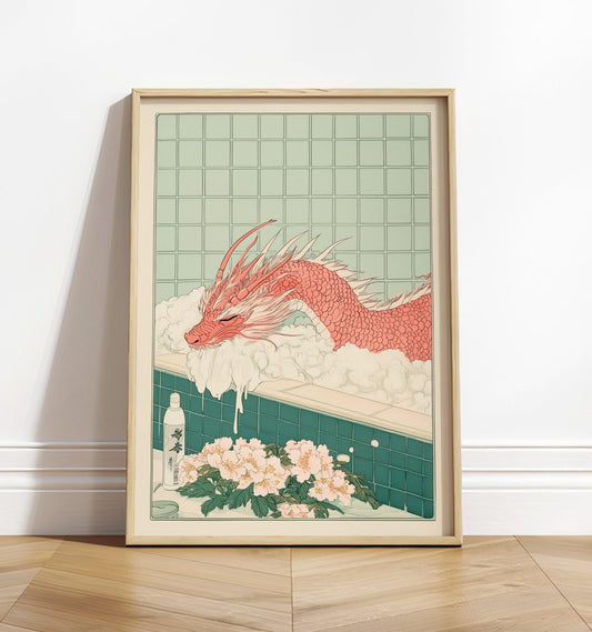 Red Dragon Bath Print: Ukiyo-e Japanese Art, Japandi Bathroom Decor
