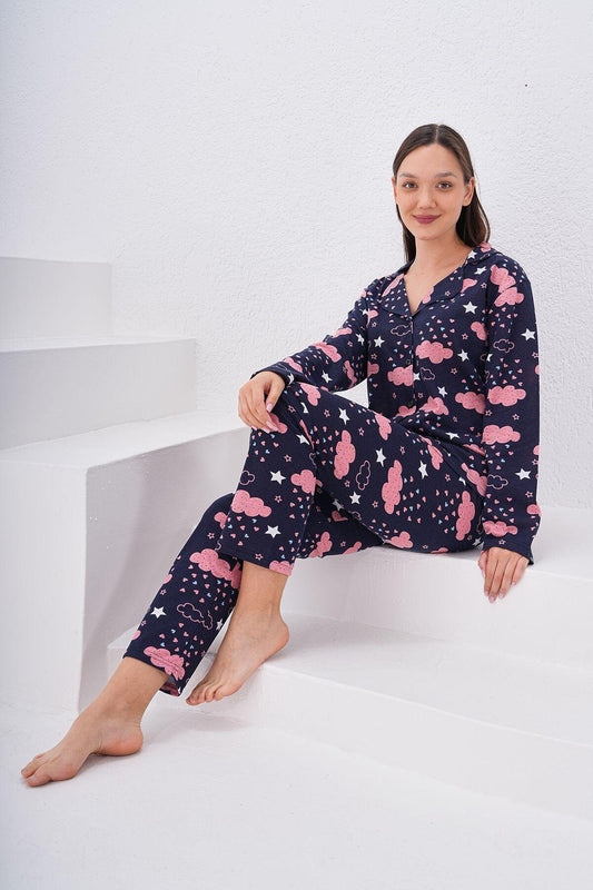 Women's Pink Cloud Pajama Set – Cozy Button-Up Sleepwear with Star & Heart Print, Comfortable Loungewear for Relaxing Nights - Pajama Set