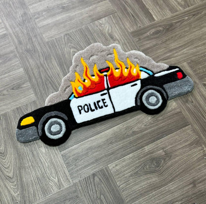 Burning car rug  Fire rug  Police car rug Cop car Custom rug Tufted Rug Rugs for bedroom aesthetic cute rug ACAB rug Car with Fire cool rug