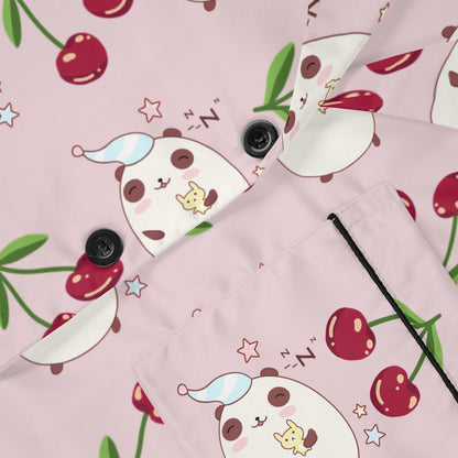 Kawaii Sleeping Bears with Cherries Pink Pajama Set, Satin PJs, Cute Sleepwear, Women's Loungewear, Gift for Her