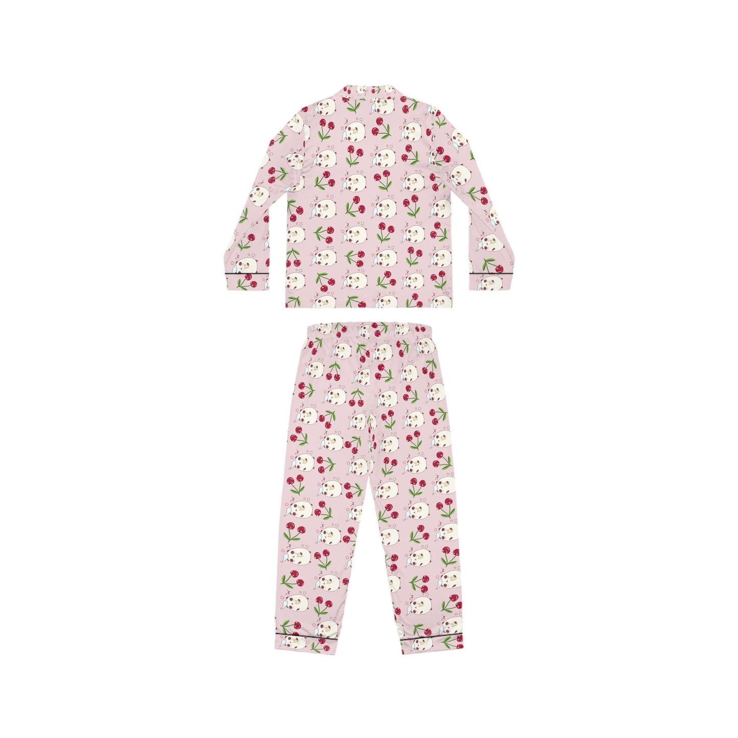 Kawaii Sleeping Bears with Cherries Pink Pajama Set, Satin PJs, Cute Sleepwear, Women's Loungewear, Gift for Her