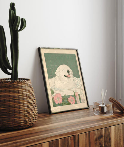 Great Pyrenees print, Japanese bathroom wall art, Funny dog print, Japandi poster, Japan art print, Aesthetic wall art, Neutral art poster