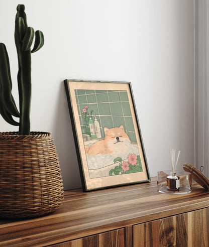 Pomeranian Bath Print: Ukiyo-e Japanese Dog Art