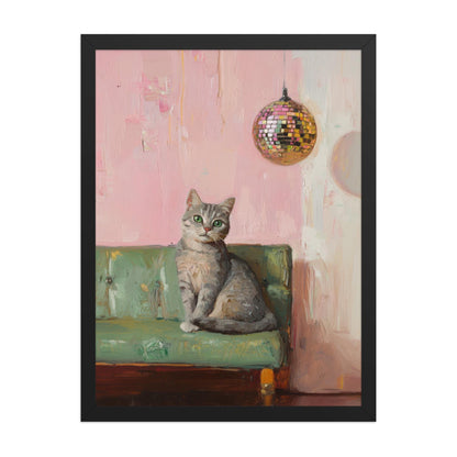 Tabby Cat with Disco Ball Art Print | Cute Quirky Whimsical | Cocktail Art Bar Cart Decor | Fine Art Print Gift | Trendy Home Wall Art Print