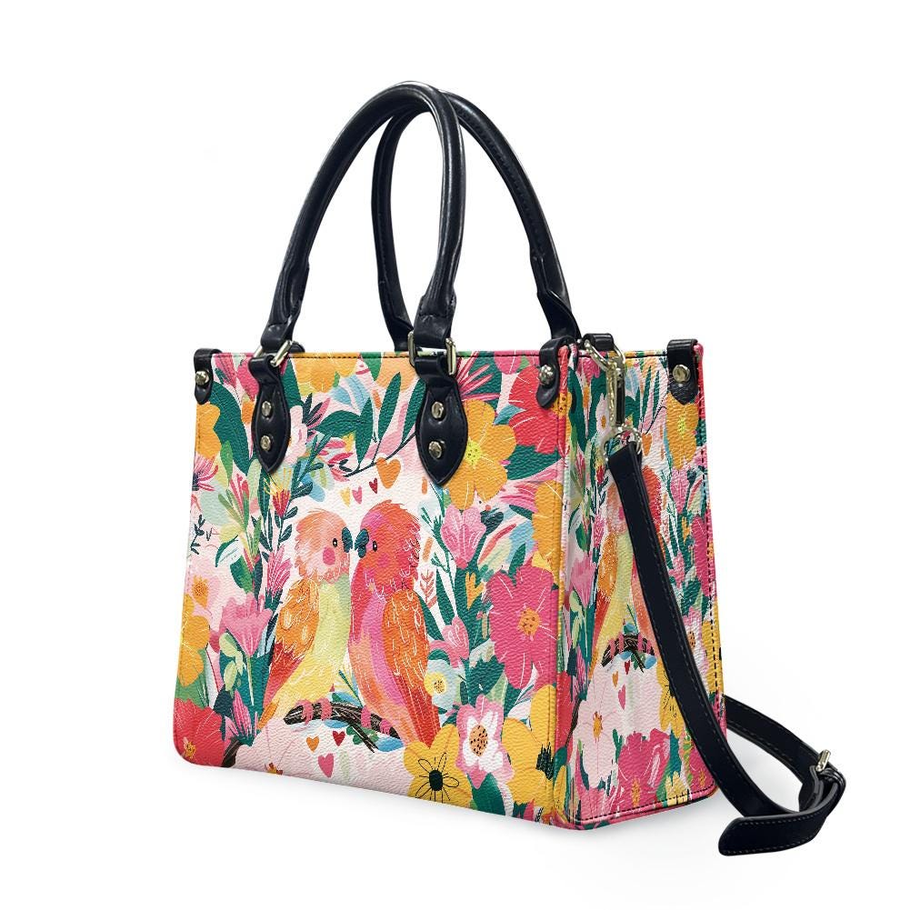 Ladies PU handbag With Colorful Parrots and Flowers, Women's Shoulder Bag, Shoulder Bag, Ladies Work Bag, Elegant Handbag, Versatile Bag