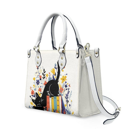 Ladies PU handbag With Cat sleeping on books, Women's Shoulder Bag, Everyday handbag, Ladies Work Bag, Elegant Handbag, Versatile Bag