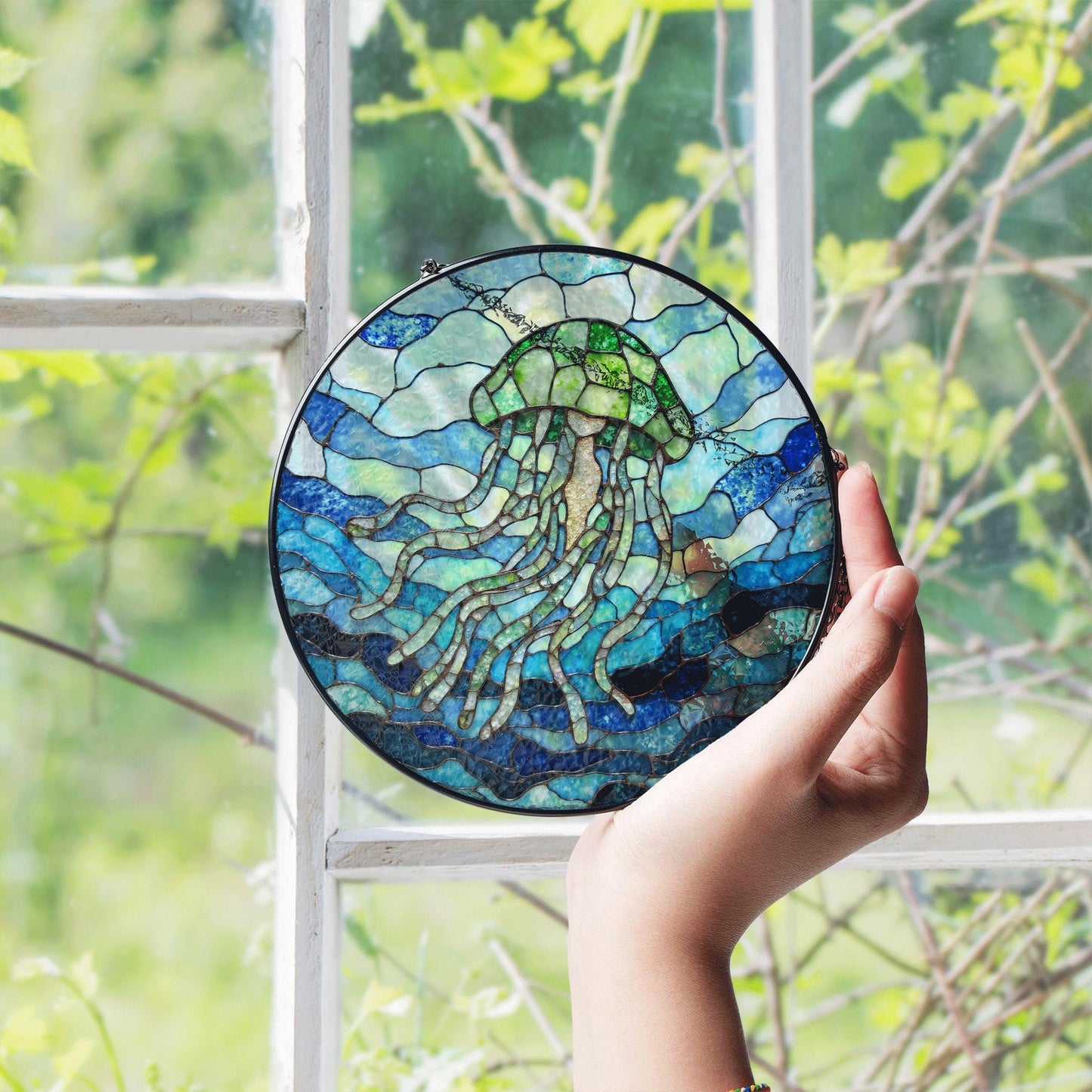 Stained Glass Jellyfish Sun Catcher Ocean Themed Decorative Window Hanging Gift for Sea Lovers