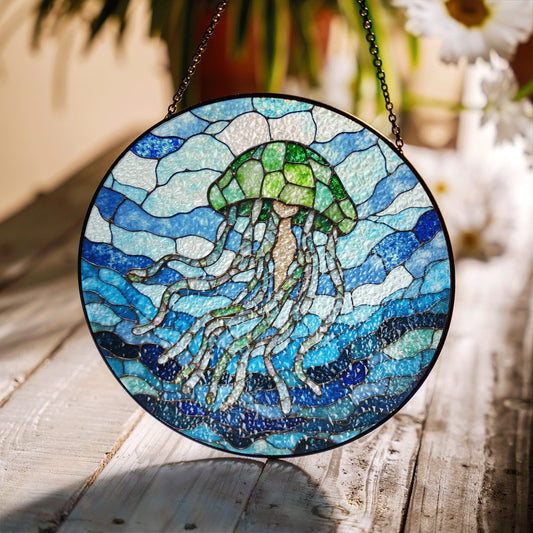 Stained Glass Jellyfish Sun Catcher Ocean Themed Decorative Window Hanging Gift for Sea Lovers