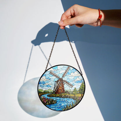 Windmill Stained Glass Suncatcher with River and Flowers Nature Gift for Garden Lovers
