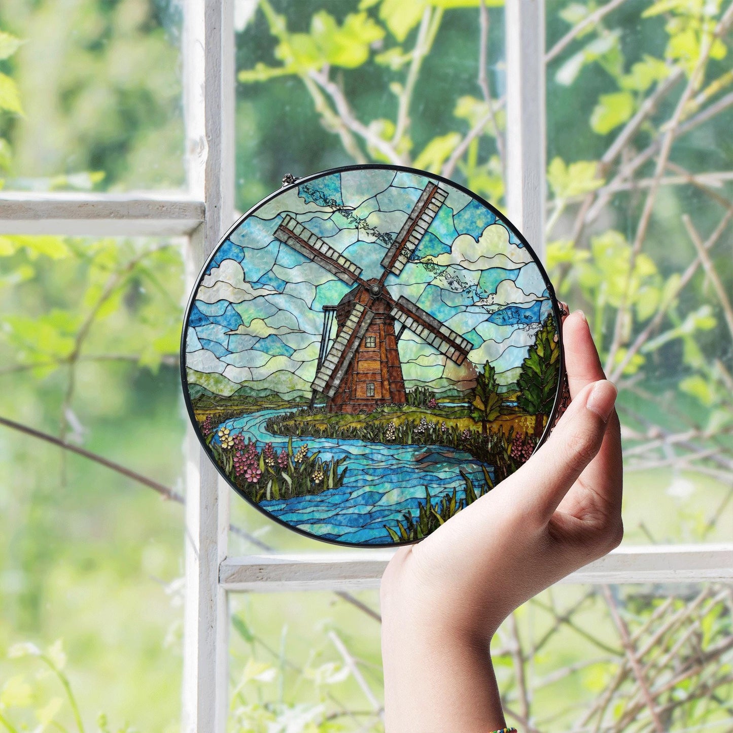 Windmill Stained Glass Suncatcher with River and Flowers Nature Gift for Garden Lovers