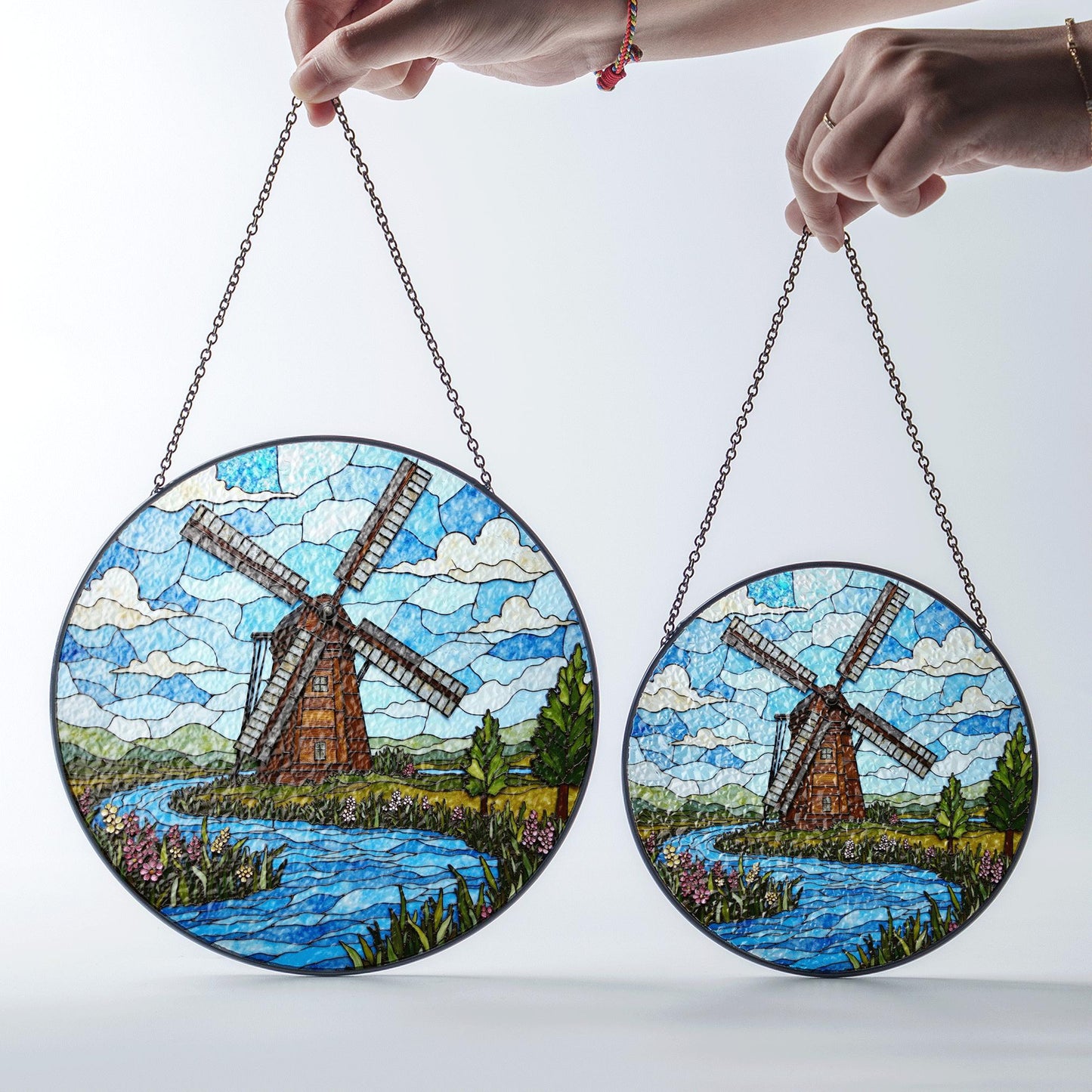 Windmill Stained Glass Suncatcher with River and Flowers Nature Gift for Garden Lovers