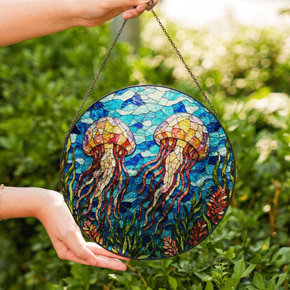 Stained Glass Jellyfish Sun Catcher Handmade Window Decor Gift for Ocean Lovers