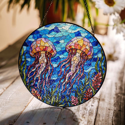 Stained Glass Jellyfish Sun Catcher Handmade Window Decor Gift for Ocean Lovers