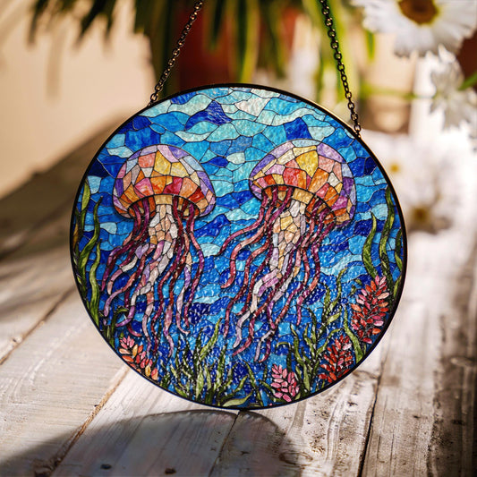 Stained Glass Jellyfish Sun Catcher Handmade Window Decor Gift for Ocean Lovers