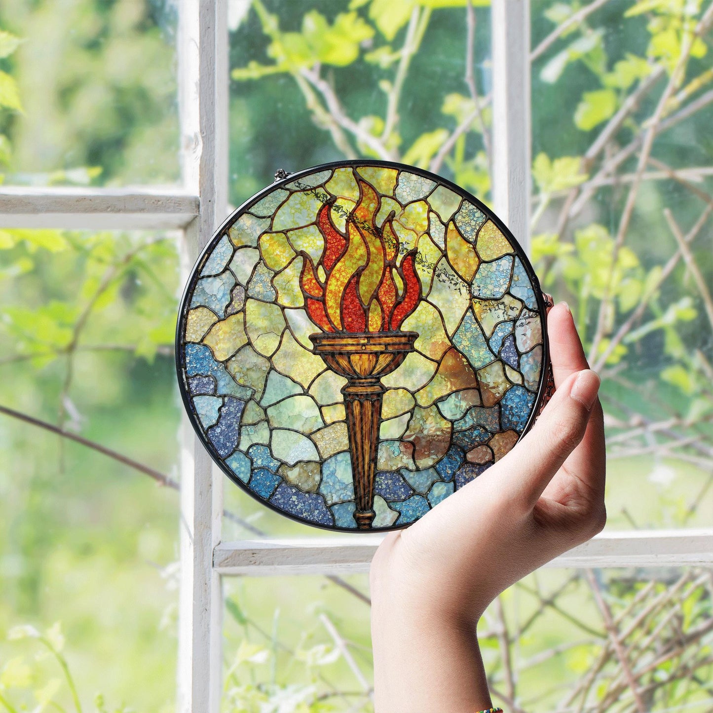Stained Glass Flame Suncatcher Torch Decor Gift for Home or Office