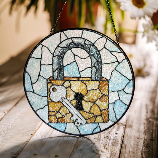 Stained Glass Lock and Key Suncatcher Vintage Window Decor for Home Lovers Gift