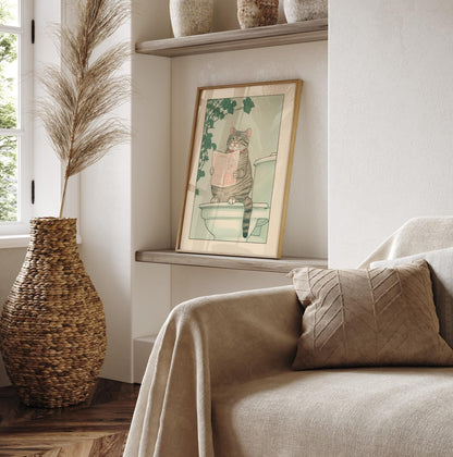 Tabby Cat Bathroom Print: Funny Japanese Ukiyo-e Poster