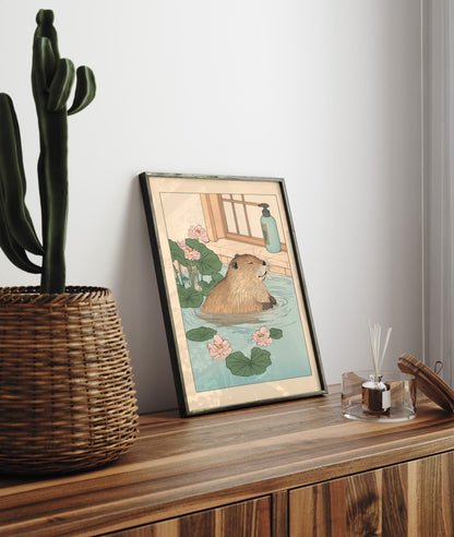 Kawaii Beaver Ukiyo-e Print: Funny Bathroom Japandi Wall Art