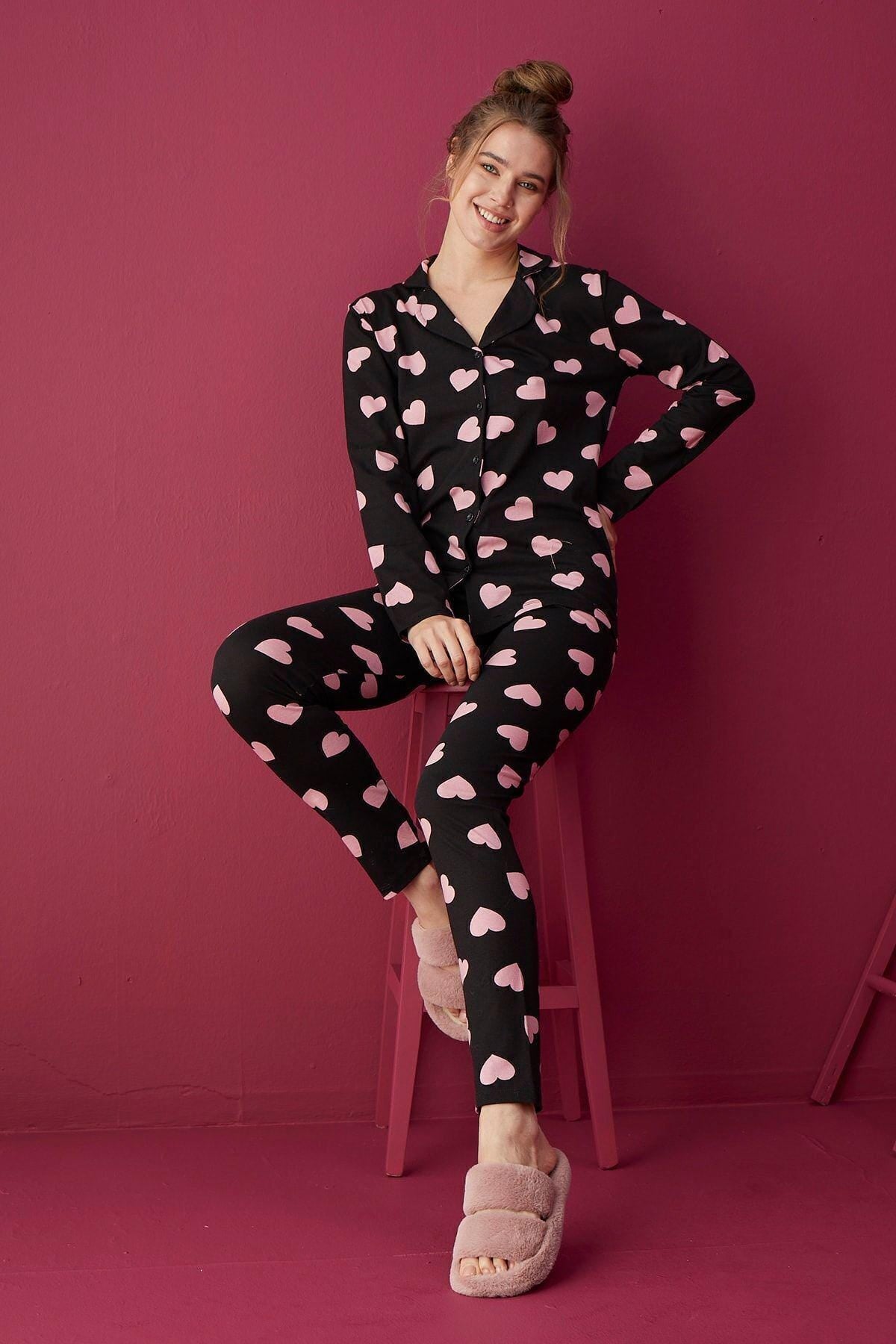 Pink Heart Women's Pajama Set – Women Pajama Button-Up Sleepwear, Stylish Black and Pink Loungewear, Cozy Gift Idea for Her