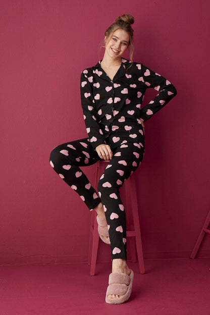 Pink Heart Women's Pajama Set – Women Pajama Button-Up Sleepwear, Stylish Black and Pink Loungewear, Cozy Gift Idea for Her