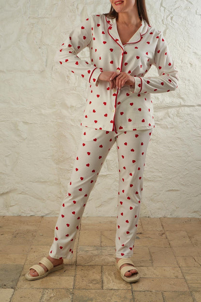 Women's Red Heart Pajama Set – Women Pajama Button-Up Sleepwear, Elegant White Loungewear with Romantic Design for Cozy Nights