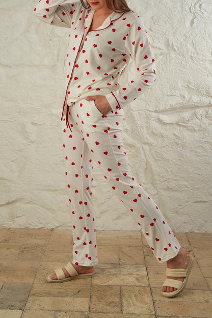 Women's Red Heart Pajama Set – Women Pajama Button-Up Sleepwear, Elegant White Loungewear with Romantic Design for Cozy Nights