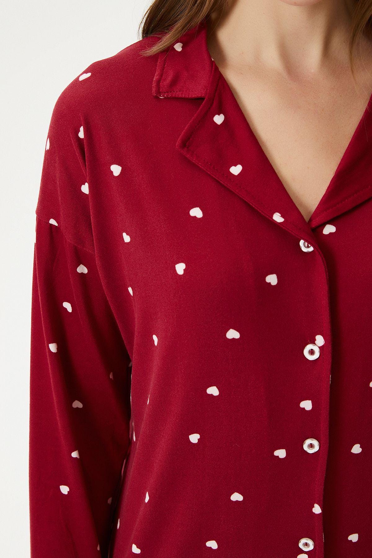 Women's Red Heart Pajama Set – Button-Up Women Pajama Sleepwear, Soft and Cozy Loungewear for Romantic Nights at Home - Gift for Her