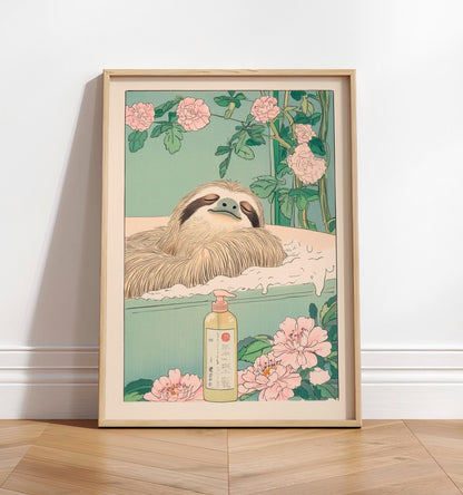 Sloth in Bathtub Ukiyo-e Print: Japandi Bathroom Wall Art