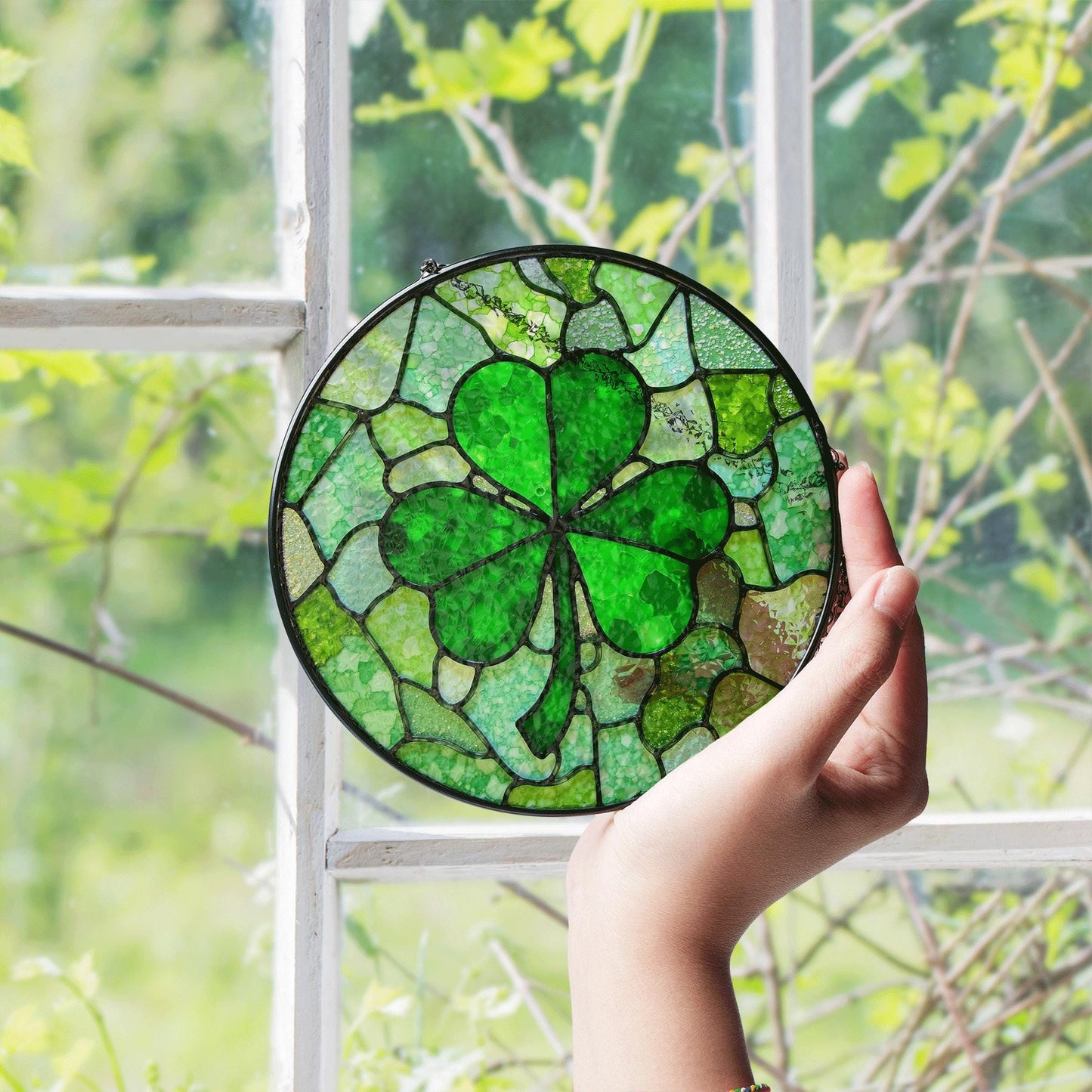 Green Four Leaf Clover Stained Glass Suncatcher Window Decoration Unique Gift for St Patrick's Day