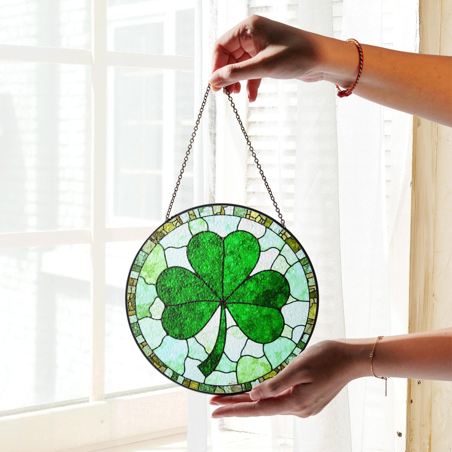 Green Four Leaf Clover Stained Glass Suncatcher Lucky Gift for St Patrick's Day Home Decoration
