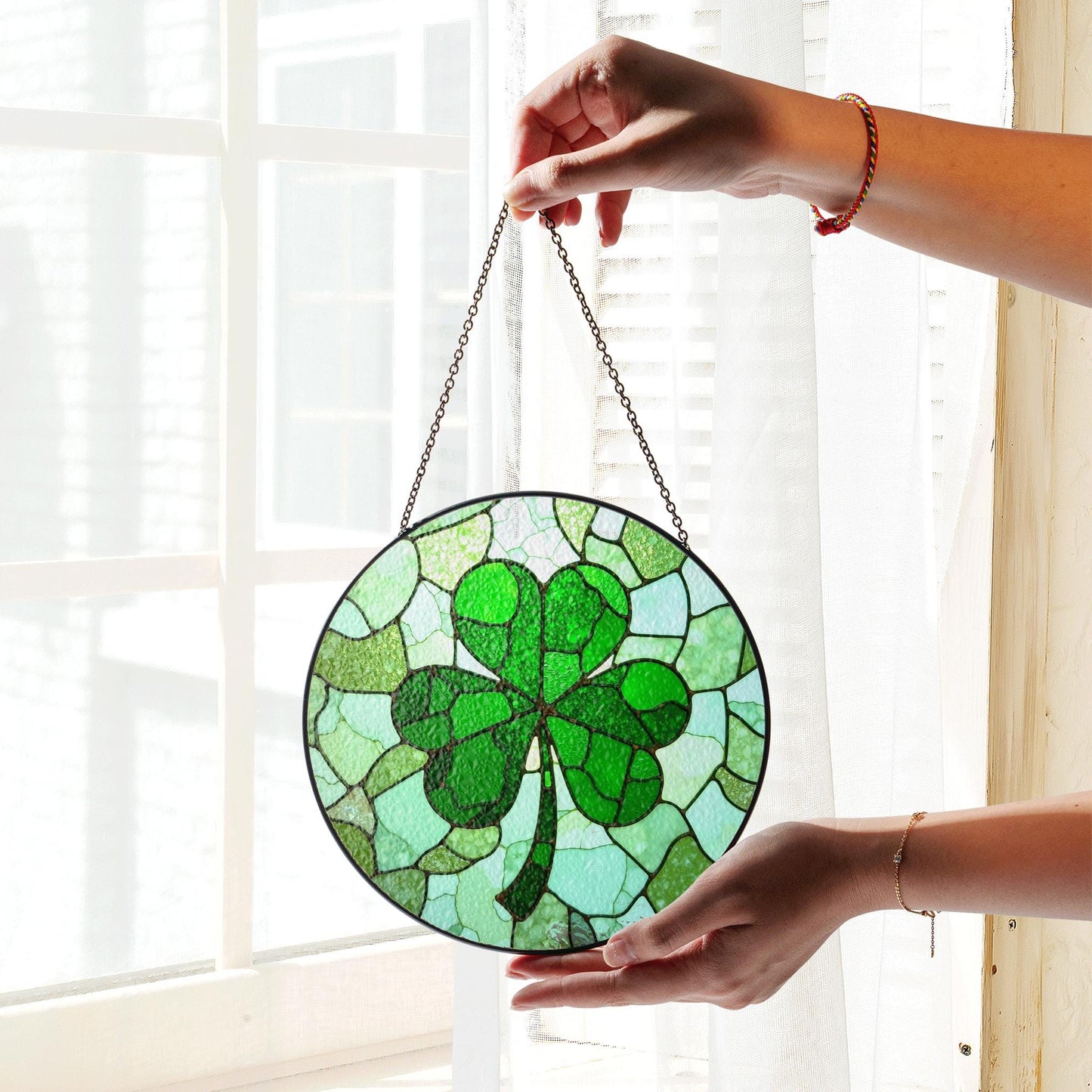 Shamrock Stained Glass Suncatcher Green Glass Window Decoration Gift for St. Patrick's Day