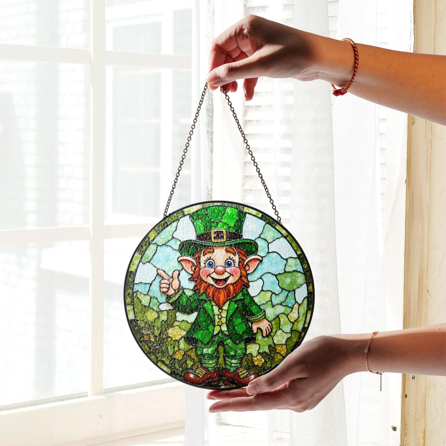 Stained Glass Leprechaun Suncatcher with Green Outfit and Thumbs Up Gift for St. Patrick's Day Lovers