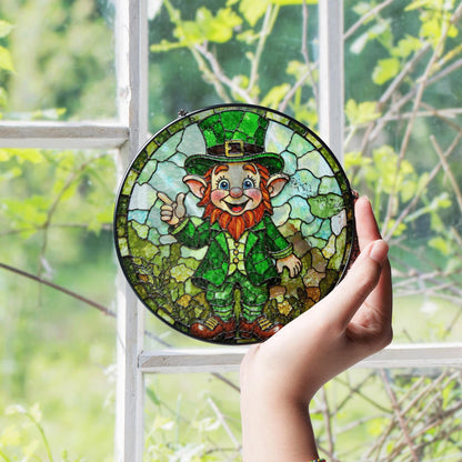 Stained Glass Leprechaun Suncatcher with Green Outfit and Thumbs Up Gift for St. Patrick's Day Lovers