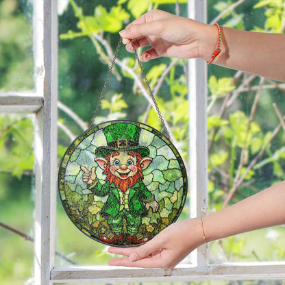 Stained Glass Leprechaun Suncatcher with Green Outfit and Thumbs Up Gift for St. Patrick's Day Lovers