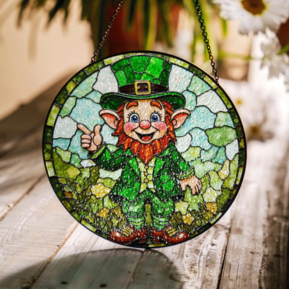 Stained Glass Leprechaun Suncatcher with Green Outfit and Thumbs Up Gift for St. Patrick's Day Lovers