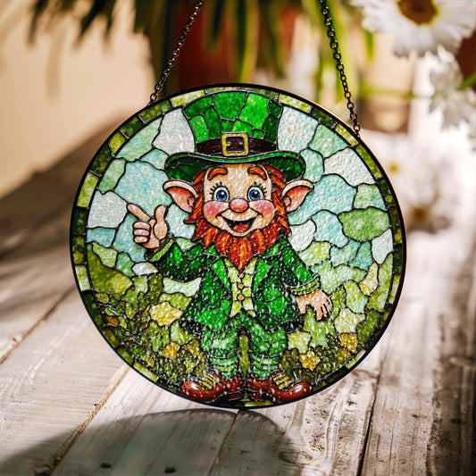 Stained Glass Leprechaun Suncatcher with Green Outfit and Thumbs Up Gift for St. Patrick's Day Lovers