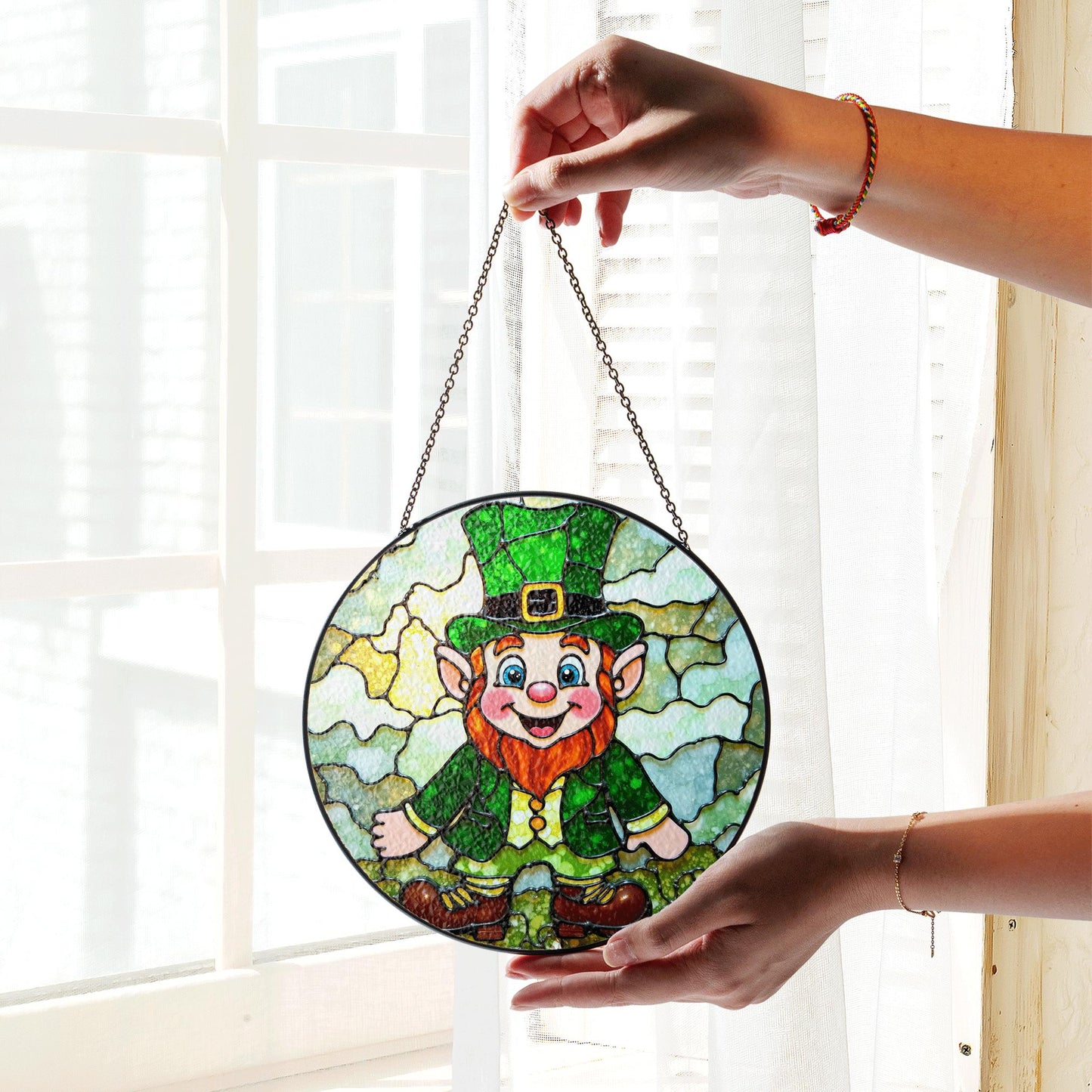 Leprechaun Stained Glass Suncatcher Green Decoration Lucky Gift for St Patrick's Day