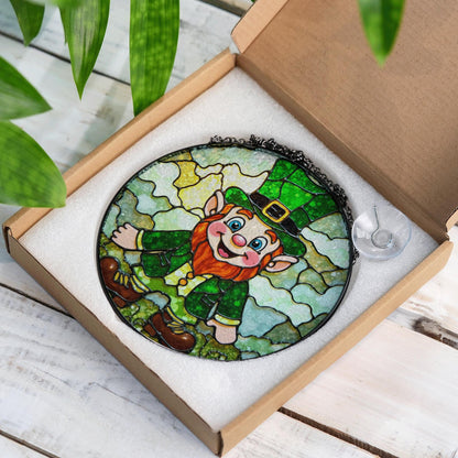Leprechaun Stained Glass Suncatcher Green Decoration Lucky Gift for St Patrick's Day
