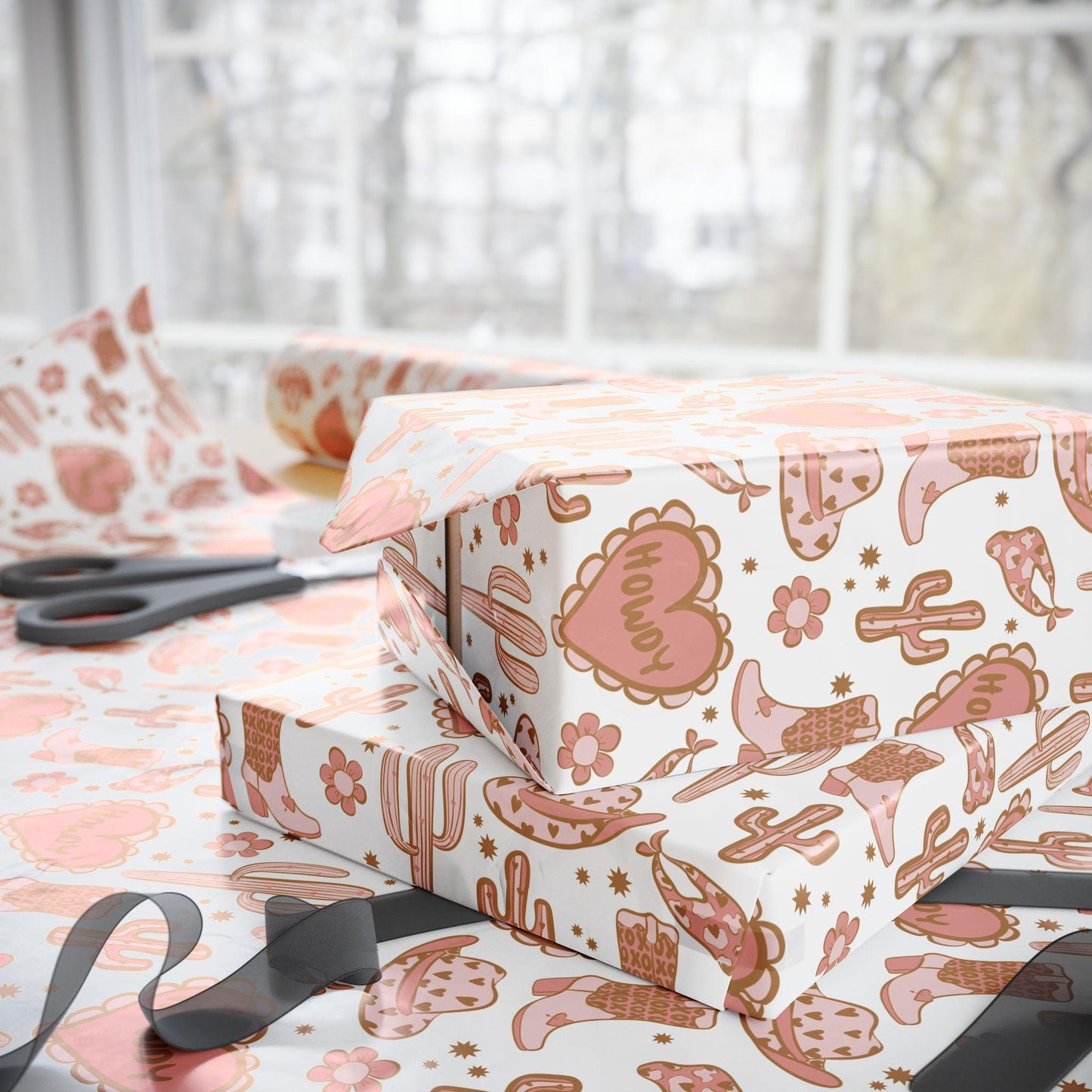 WESTERN Valentines Gift Wrapping Papers - Western Girls Gift Wrap - Pink Cowgirl Gift Wrap Idea