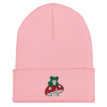 Frog on Mushroom Beanie, Handmade, Forestcore, Cuffed Knit Unisex Slouchy Adult Winter Hat Cap Gift, Kawaii