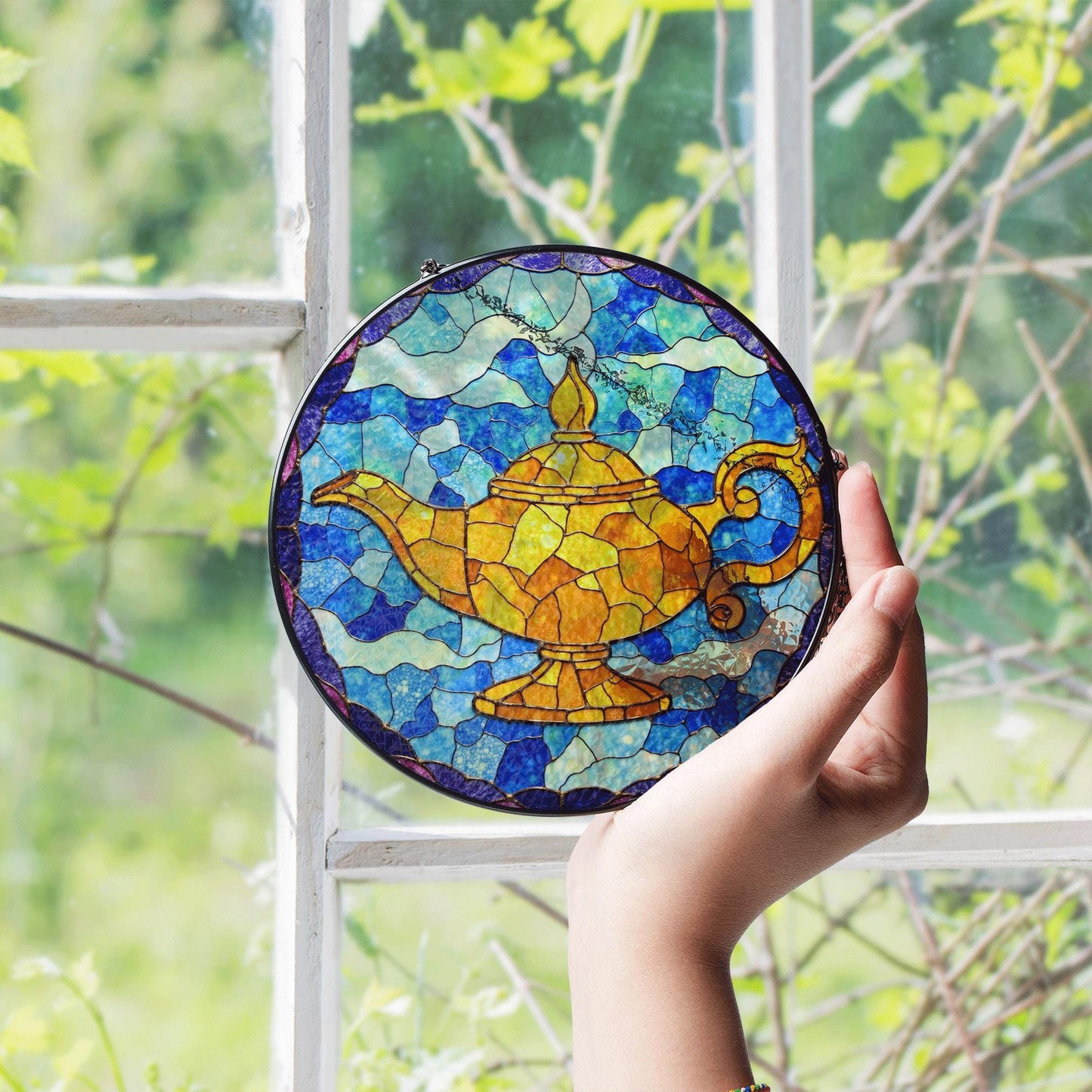 Stained Glass Genie Lamp Suncatcher Colorful Decorative Sun Catcher Window Gift